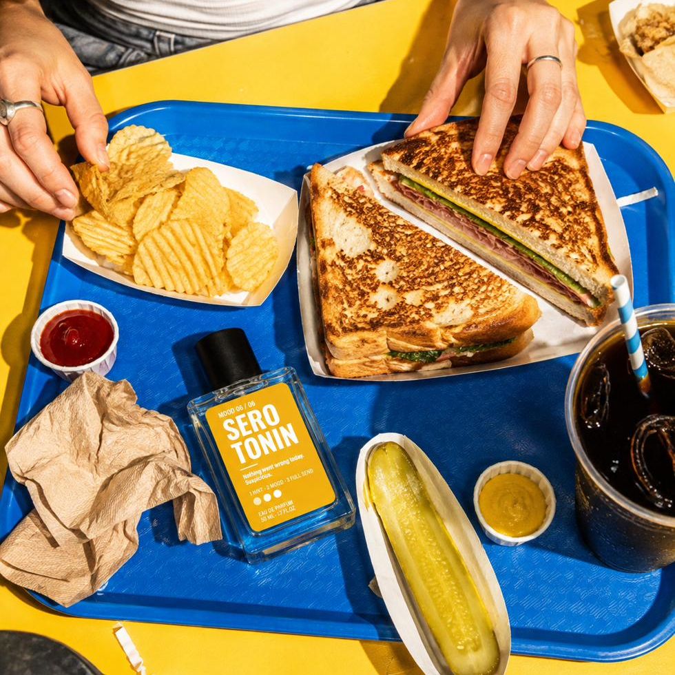Sunny cafe tray with a Serotonin bottle