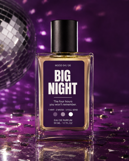 Big Night bottle on purple with a disco ball and confetti
