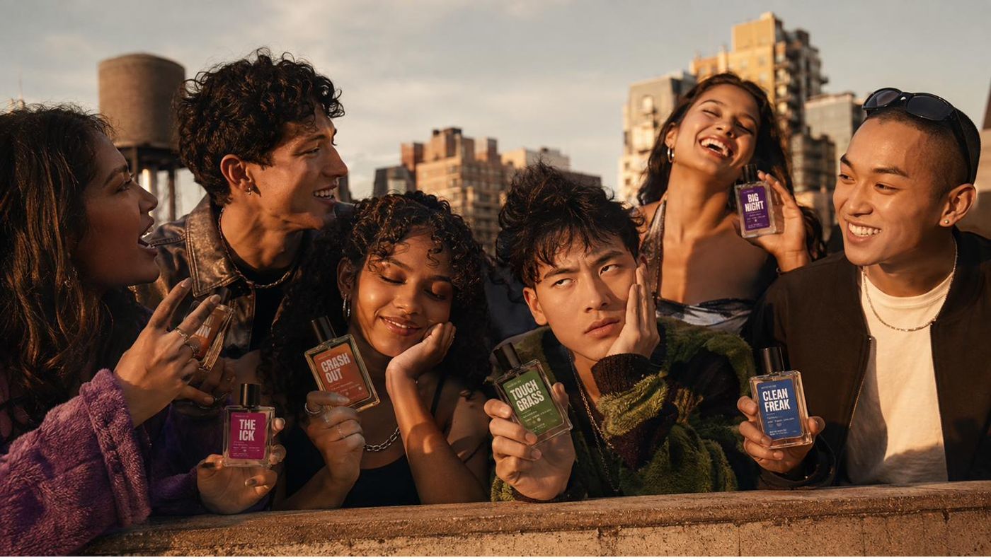 Six friends on a rooftop at golden hour, each holding a different mood